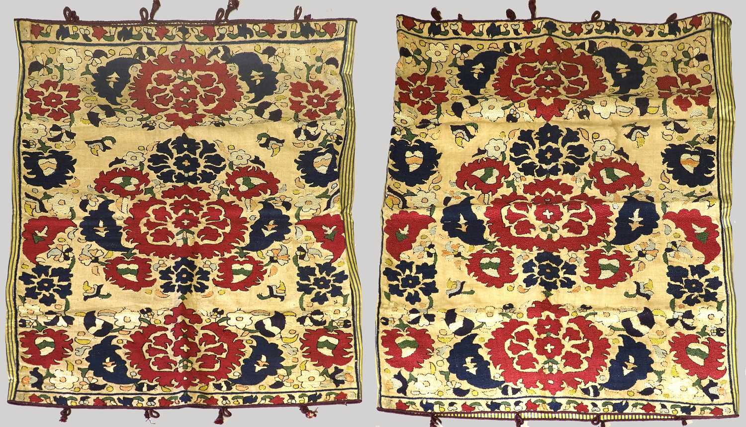 Pair of Early 20th Century Suzani Style Woven Cushion Covers, with blue and yellow striped silk to