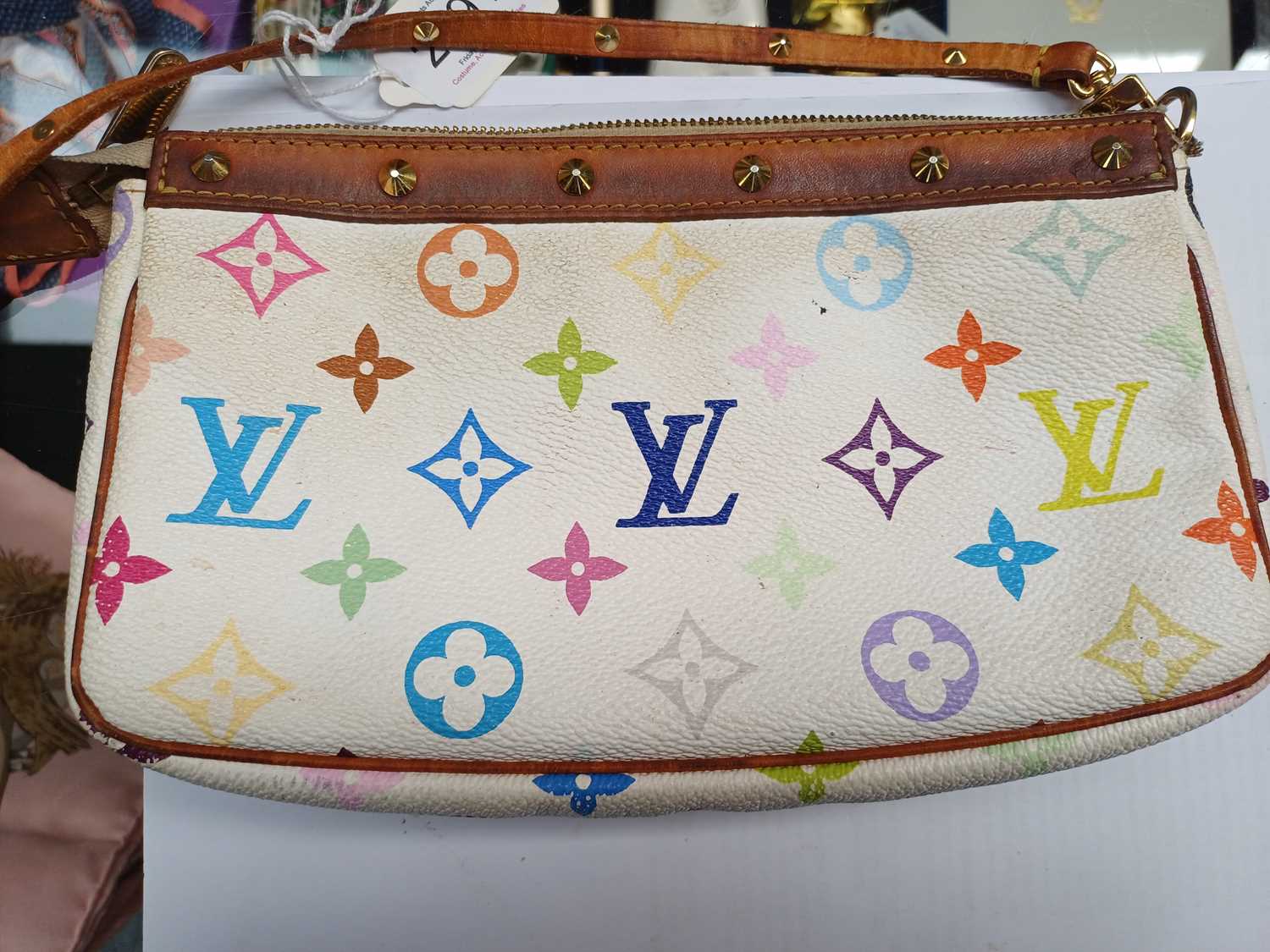 A Louis Vuitton Multi-Coloured Pochette Bag, with light tan trim and gilt metal stud decoration, and - Image 2 of 8