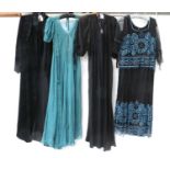 Circa 1920s Ladies Evening Dresses comprising a black silk dress with black net mount, blue sequin