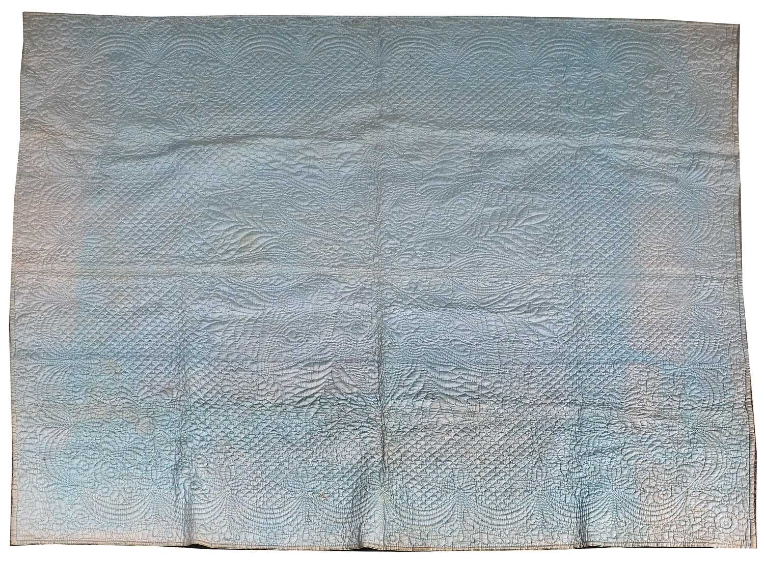 Early 20th Century Wholecloth Reversible Quilt in pale blue with mustard reverse, heavily quilted