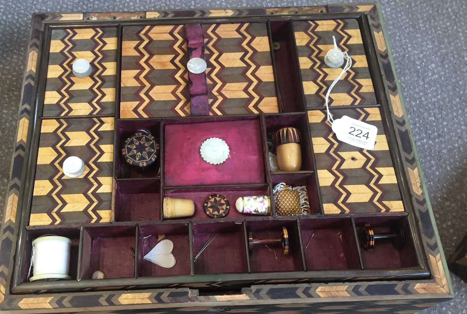 A Parquetry Sewing Box, early 19th century, allover decorated in stained and coloured woods with - Image 8 of 11