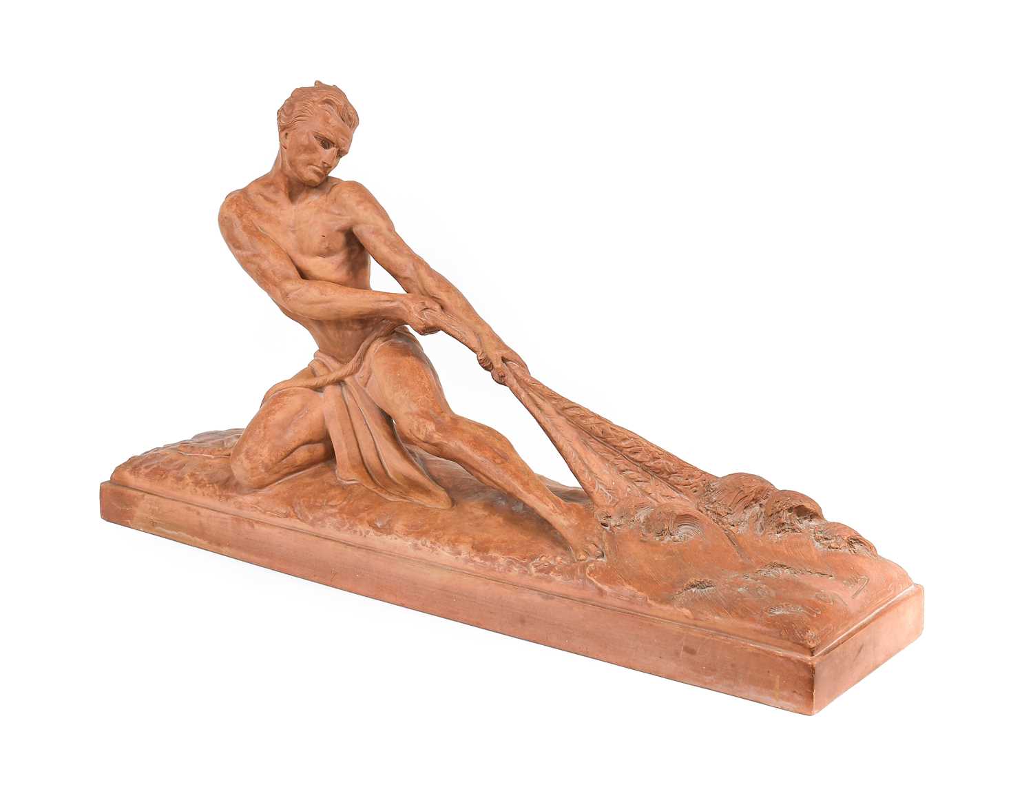 Ugo Cipriani (1887-1960): A Terracotta Figure of a Fisherman, hauling in a net, on a rectangular