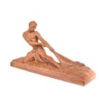 Ugo Cipriani (1887-1960): A Terracotta Figure of a Fisherman, hauling in a net, on a rectangular