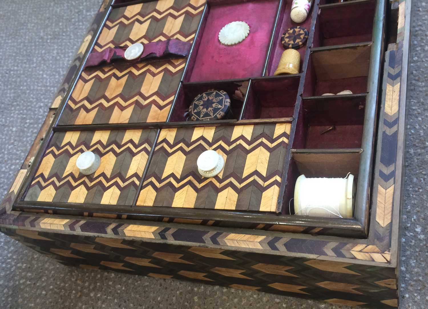 A Parquetry Sewing Box, early 19th century, allover decorated in stained and coloured woods with - Image 9 of 11