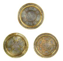 A Cairoware Circular Tray, late 19th/20th century, inlaid in copper and silver with bands of