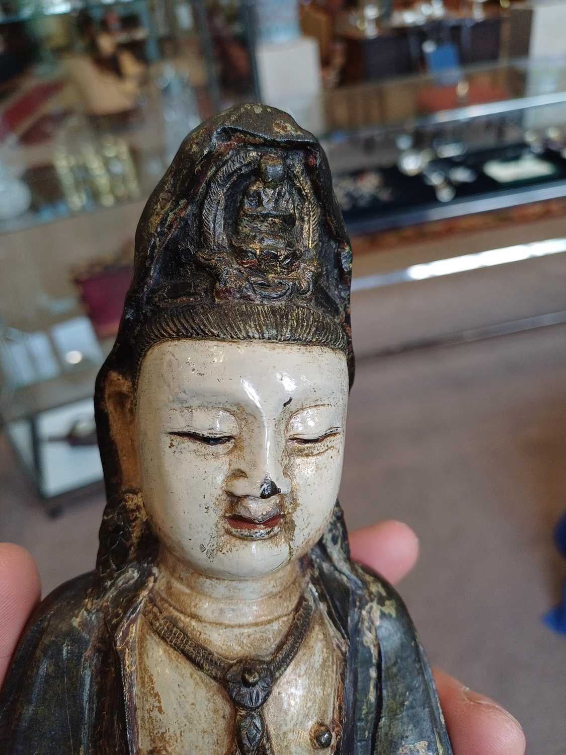 A Chinese Painted Bronze Figure of Guanyin, in Ming style, sitting in Dhyanasana wearing long - Image 3 of 9