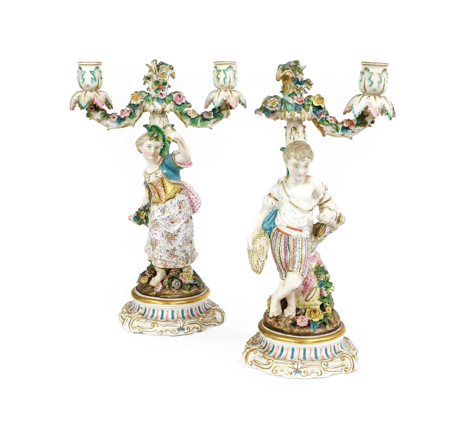 A Pair of Sitzendorf Porcelain Figural Candlesticks, 19th century, a young man harvesting corn - Image 3 of 4