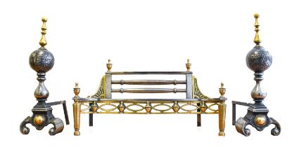A Steel and Brass Fire Grate, in George III style, with urn shaped finials and pierced apron 63cm