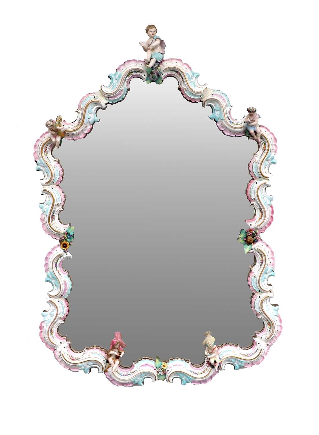 A Large Meissen Style Neo-Rococo Porcelain Over Mantle Mirror, late 19th century, probably