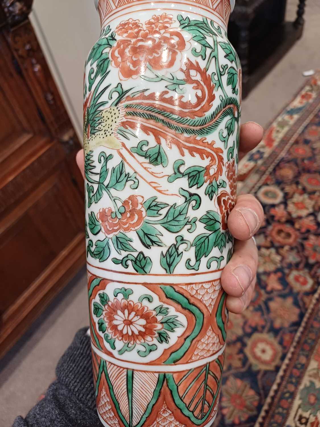 A Pair of Chinese Porcelain Sleeve Vases, in transitional style, painted in green, red and yellow - Image 2 of 12