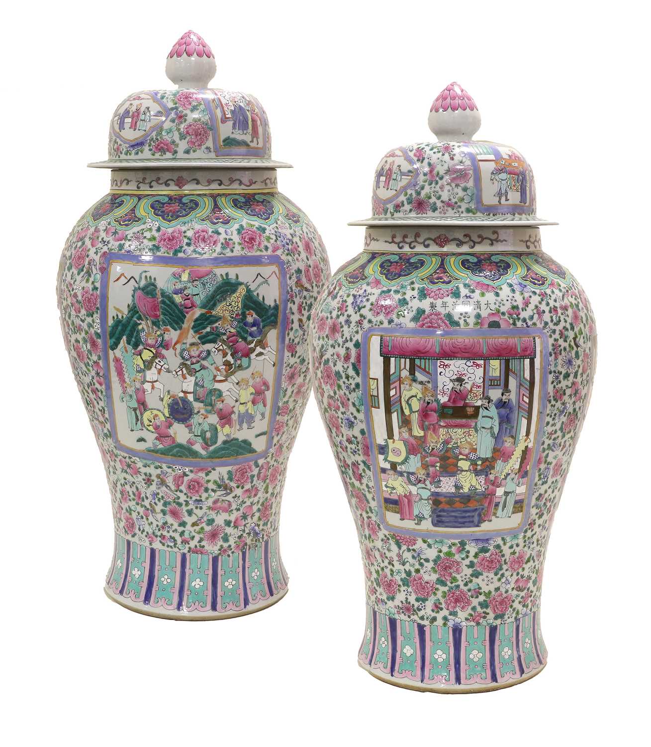 A Large Pair of Chinese Porcelain Floor Vases and Covers, Tongzhi marks but late 20th century,