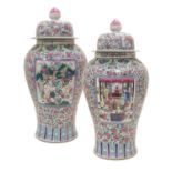 A Large Pair of Chinese Porcelain Floor Vases and Covers, Tongzhi marks but late 20th century,