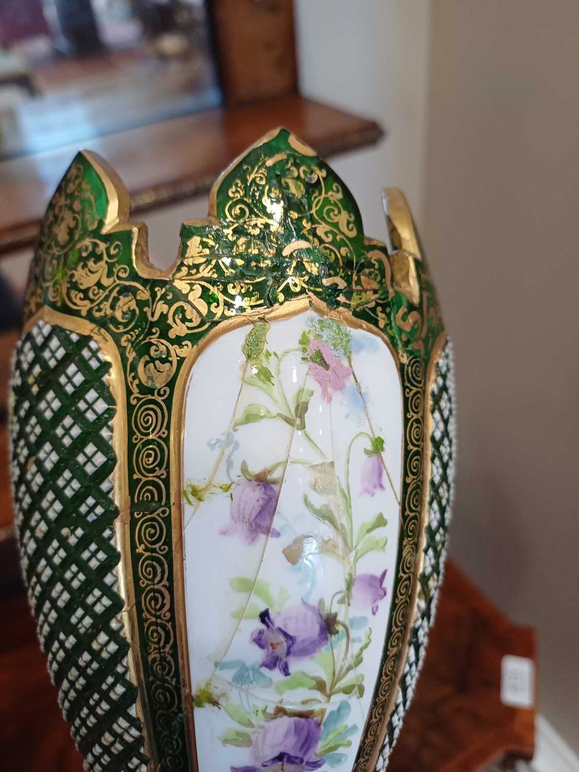 A Pair of Bohemian White-Overlay Green Glass Vases, of slender tulip form, painted with flowering - Image 5 of 6