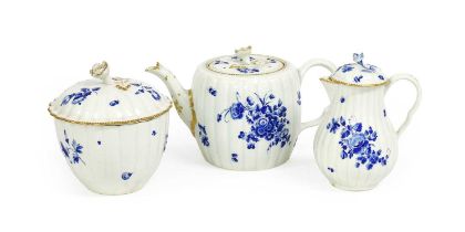 An Assembled Worcester Porcelain Three Part Tea Service, circa 1770, with fluted mouldings, gilt