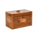 A George III Satinwood and Marquetry Tea Caddy, the hinged cover with oval patera, the base with