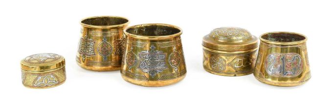 A Pair of Cairoware Bowls, late 19th/20th century, of conical form, inlaid in copper and silver with