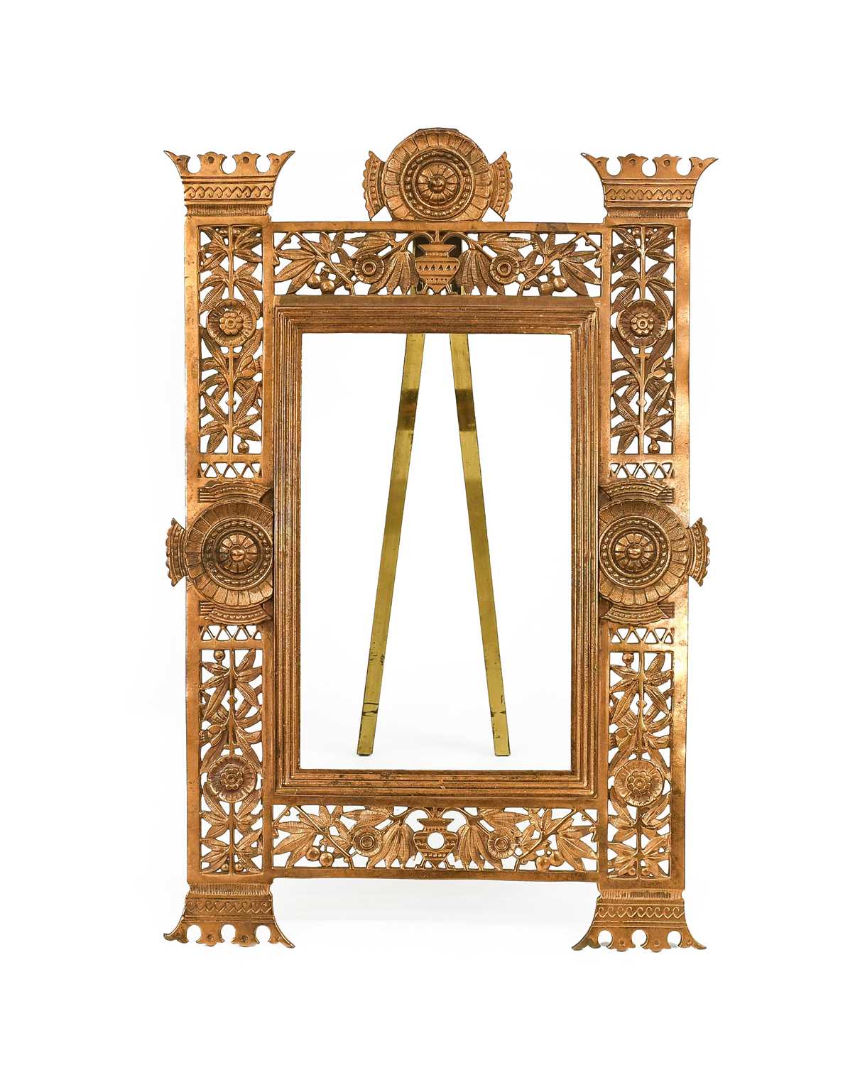 An Aesthetic Movement Gilt-Metal Easel-Back Frame, of vertical rectangular form, pierced and cast