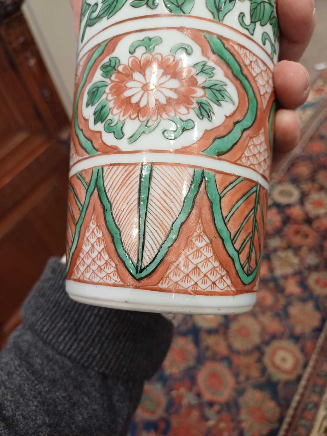 A Pair of Chinese Porcelain Sleeve Vases, in transitional style, painted in green, red and yellow - Image 10 of 12