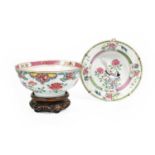 A Chinese Porcelain Bowl, Qianlong, painted in the famille rose palette with trailing peonies