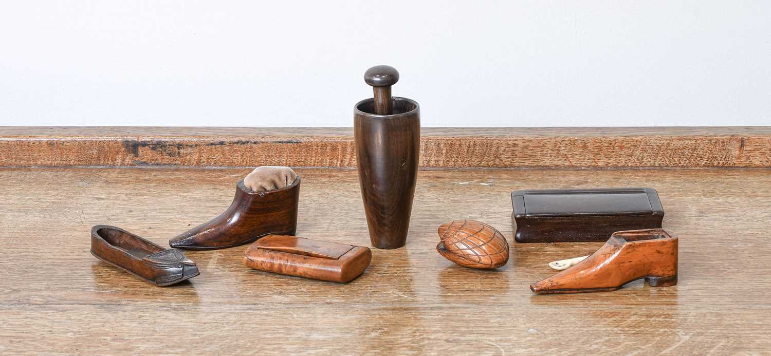 A Treen Snuff Pestle and Mortar, 19th century mortar 9.5cm high Two George III Treen Snuffboxes,