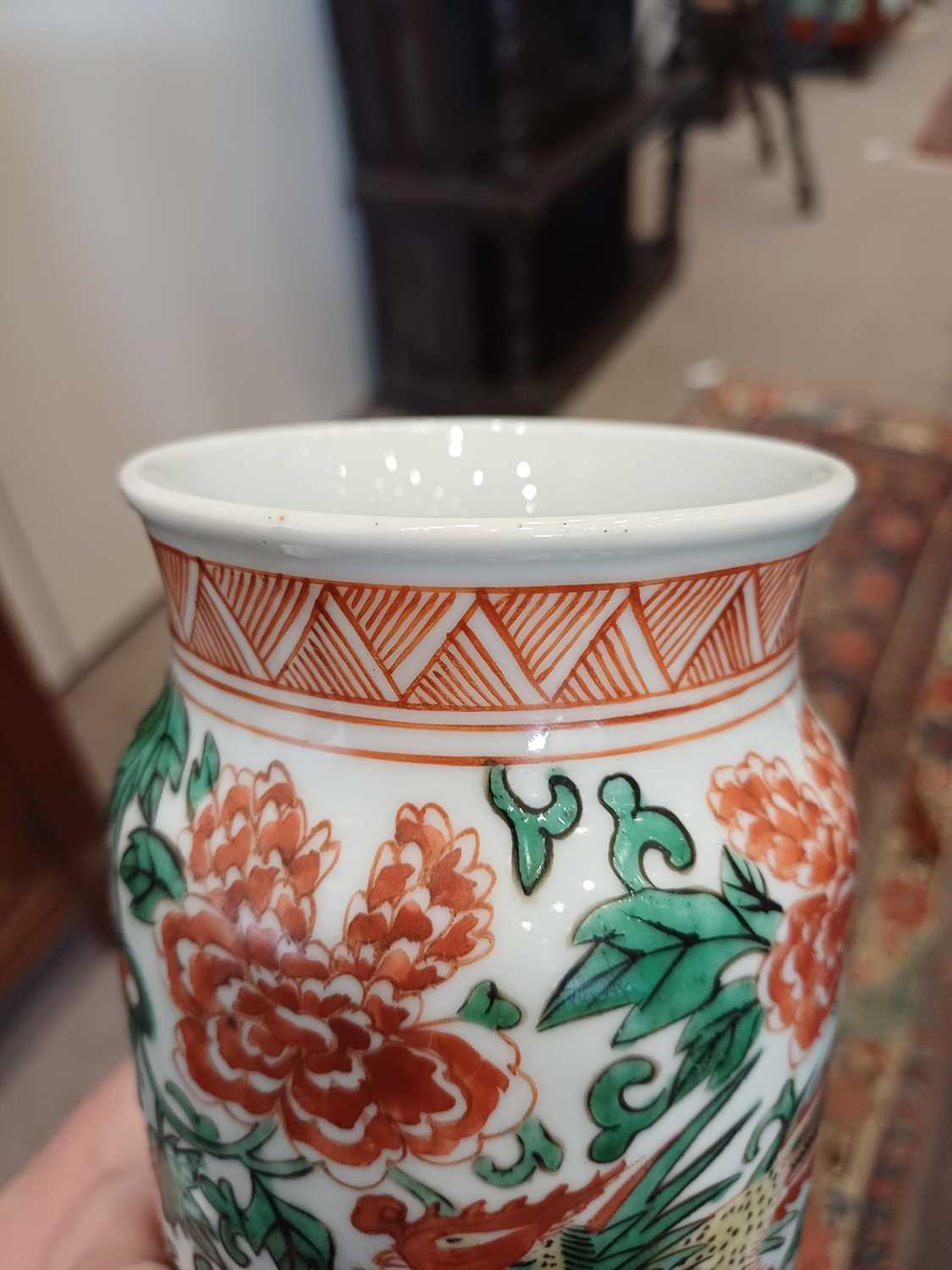 A Pair of Chinese Porcelain Sleeve Vases, in transitional style, painted in green, red and yellow - Image 9 of 12