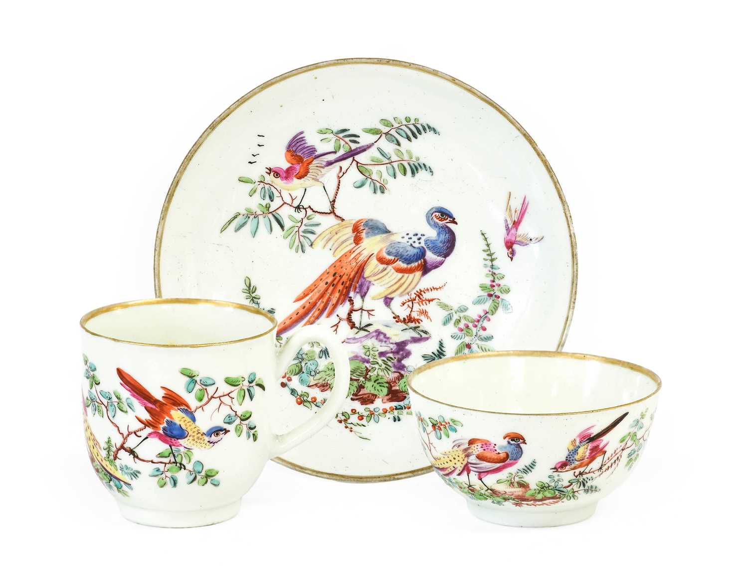A Worcester Porcelain Coffee Cup, Tea Bowl and Saucer, decorated in the Atelier of James Giles,