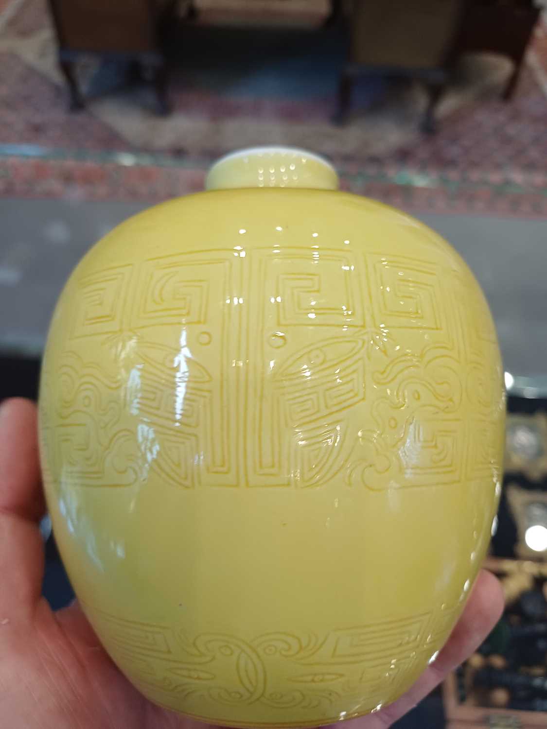 A Chinese Yellow-Ground Porcelain Vase, bears Kangxi reign mark but not of the period, of ovoid form - Image 3 of 9