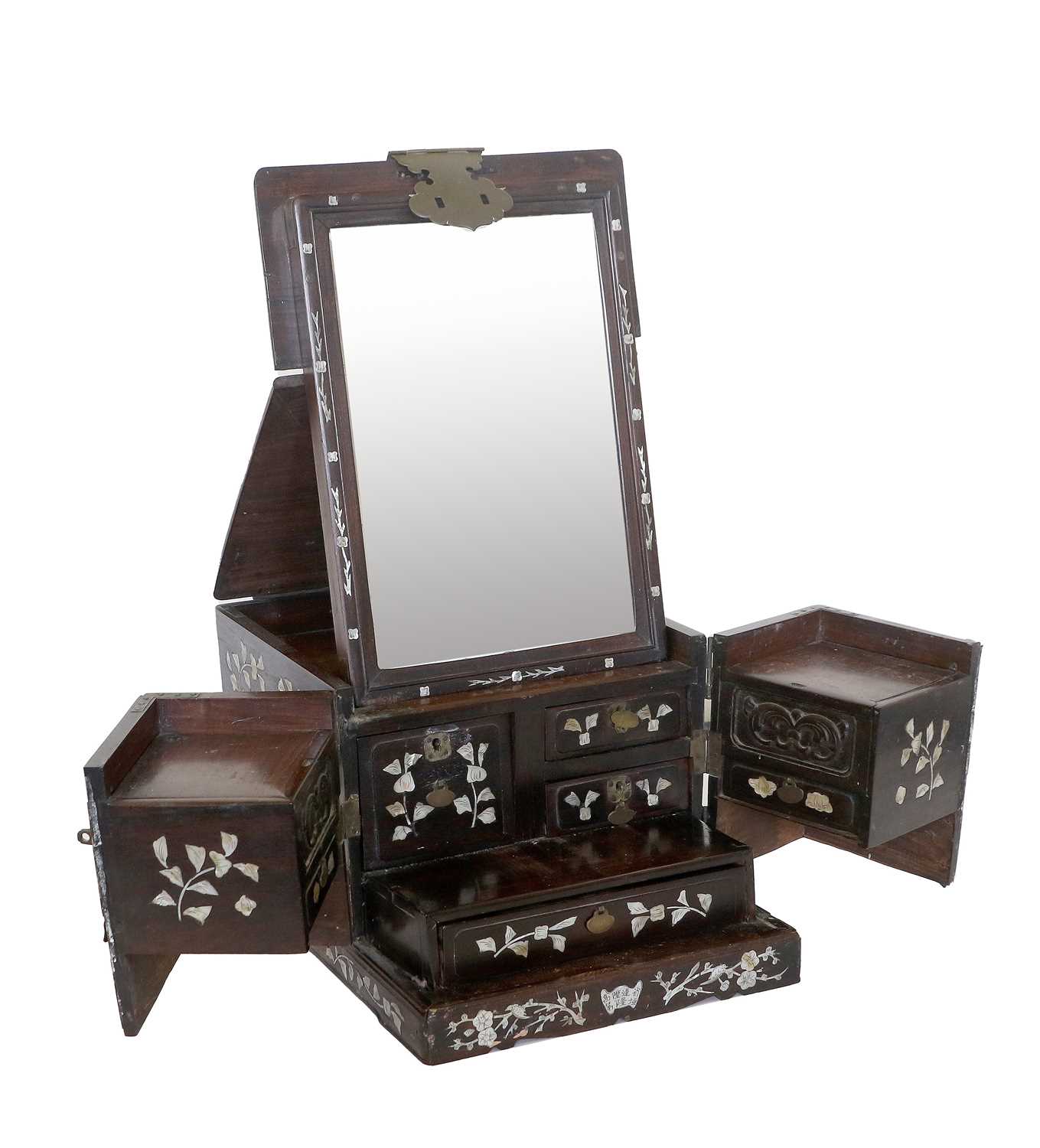 A Chinese Mother-of-Pearl-Inlaid Hardwood Travelling Dressing Table Cabinet, 19th century, of