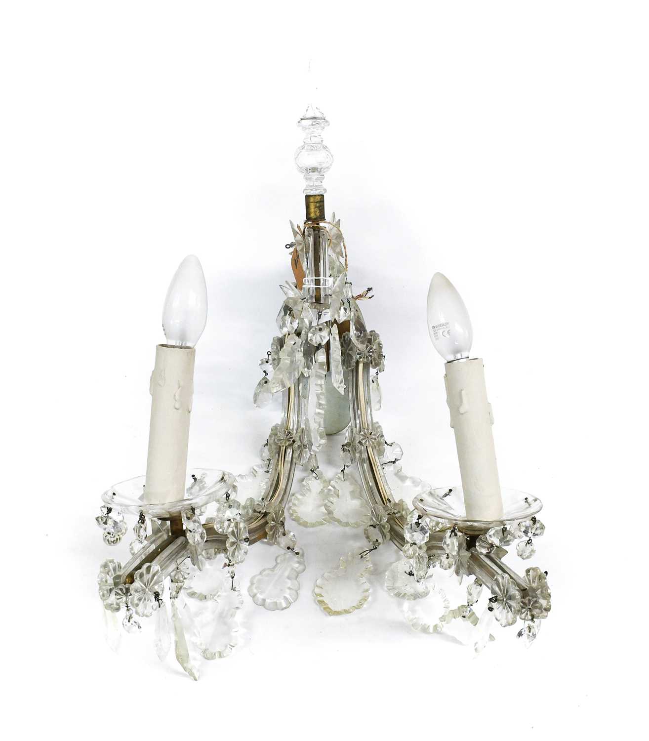 A Pair of Cut Glass Twin-Light Wall Sconces, late 19th century, with mineret finials and scroll - Bild 3 aus 3
