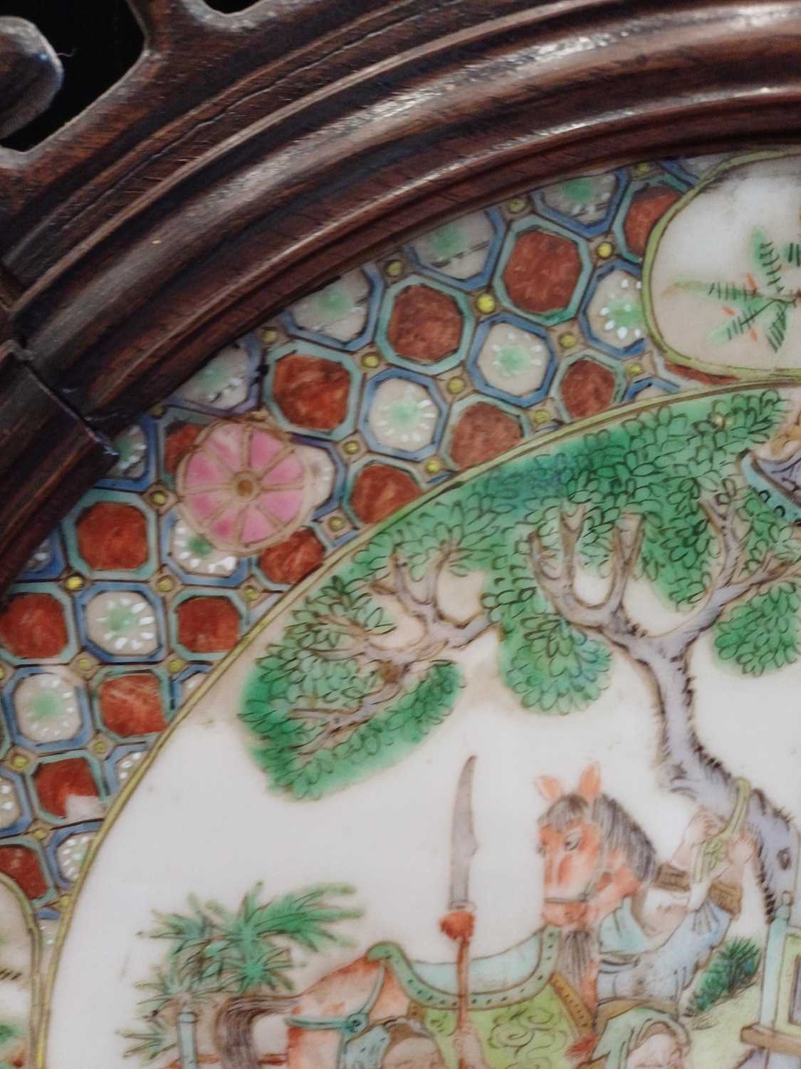 A Chinese Porcelain-Mounted Hardwood Table Screen, 19th century, the circular plaque painted in - Image 12 of 16