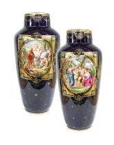 A Pair of Turn Royal Vienna Floor Vases, first half of the 20th century, ground in cobalt blue and