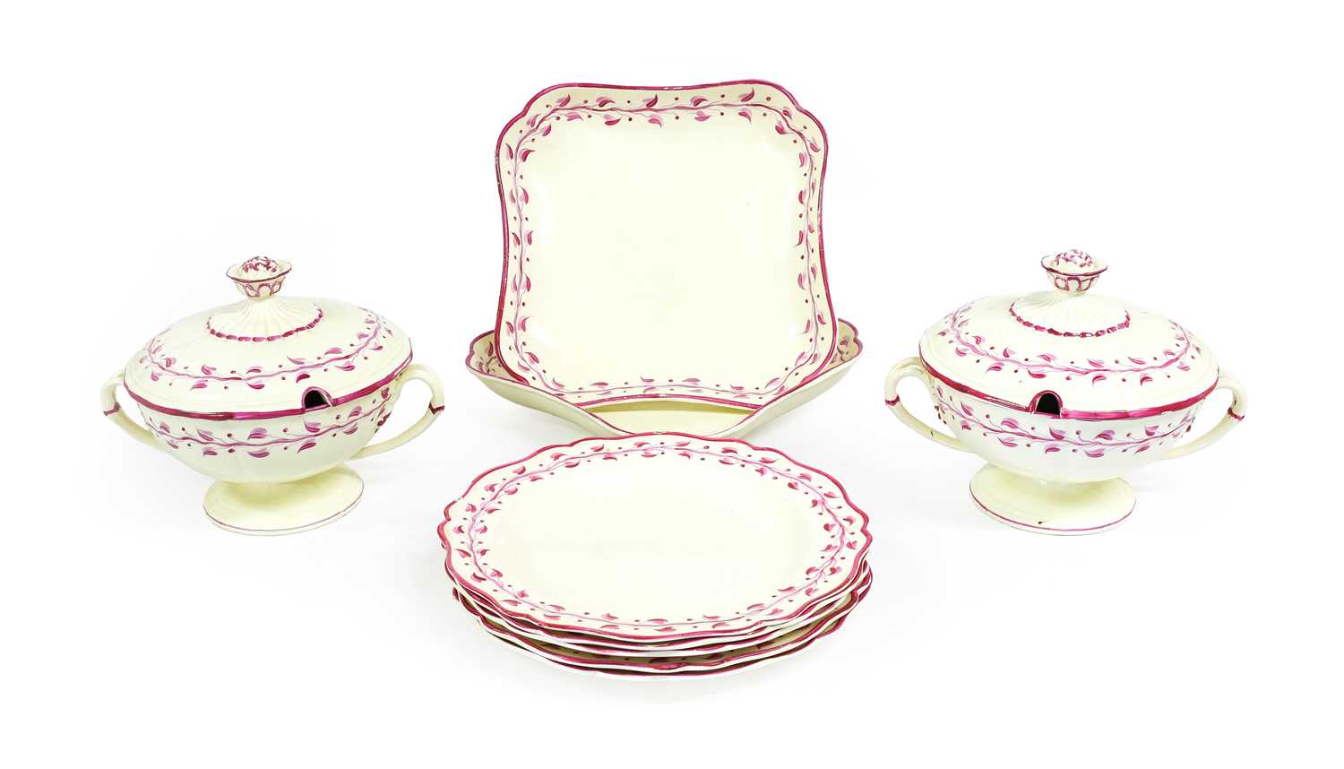 A Wedgwood Creamware Part Dessert Service, circa 1800, with puce rims and borders of trailing