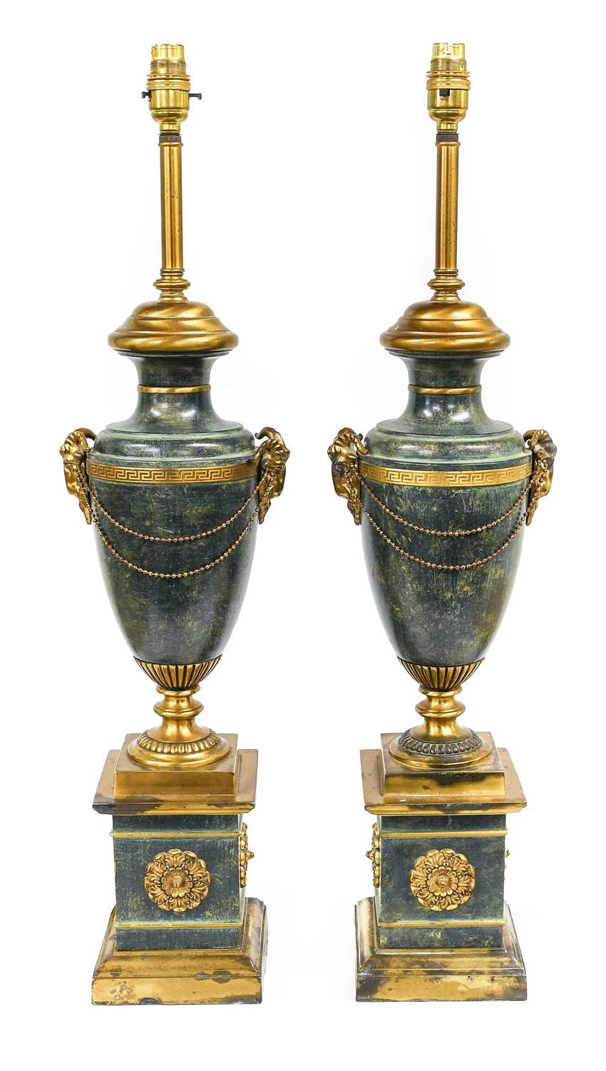 A Pair of Gilt and Green Marbled Metal Lamp Bases, in Louis XVI style, of urn form, the ram's mask