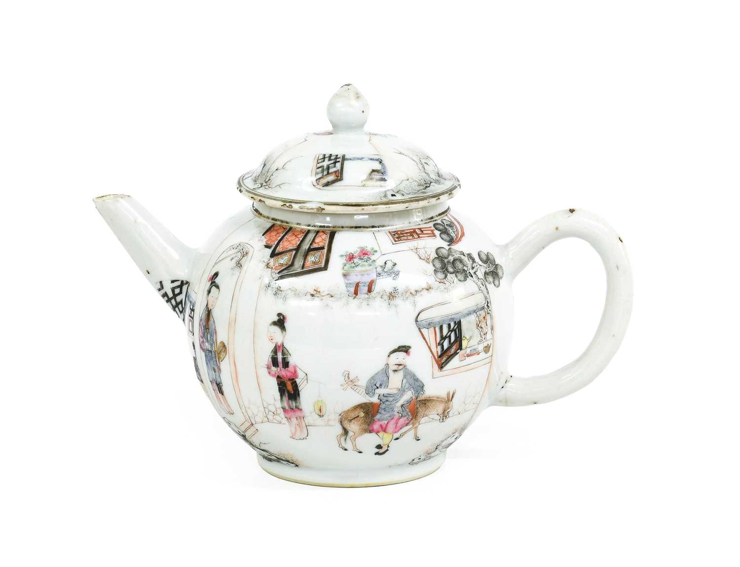 A Chinese Porcelain Teapot and Cover, Qianlong, painted en grisaille and further embellished