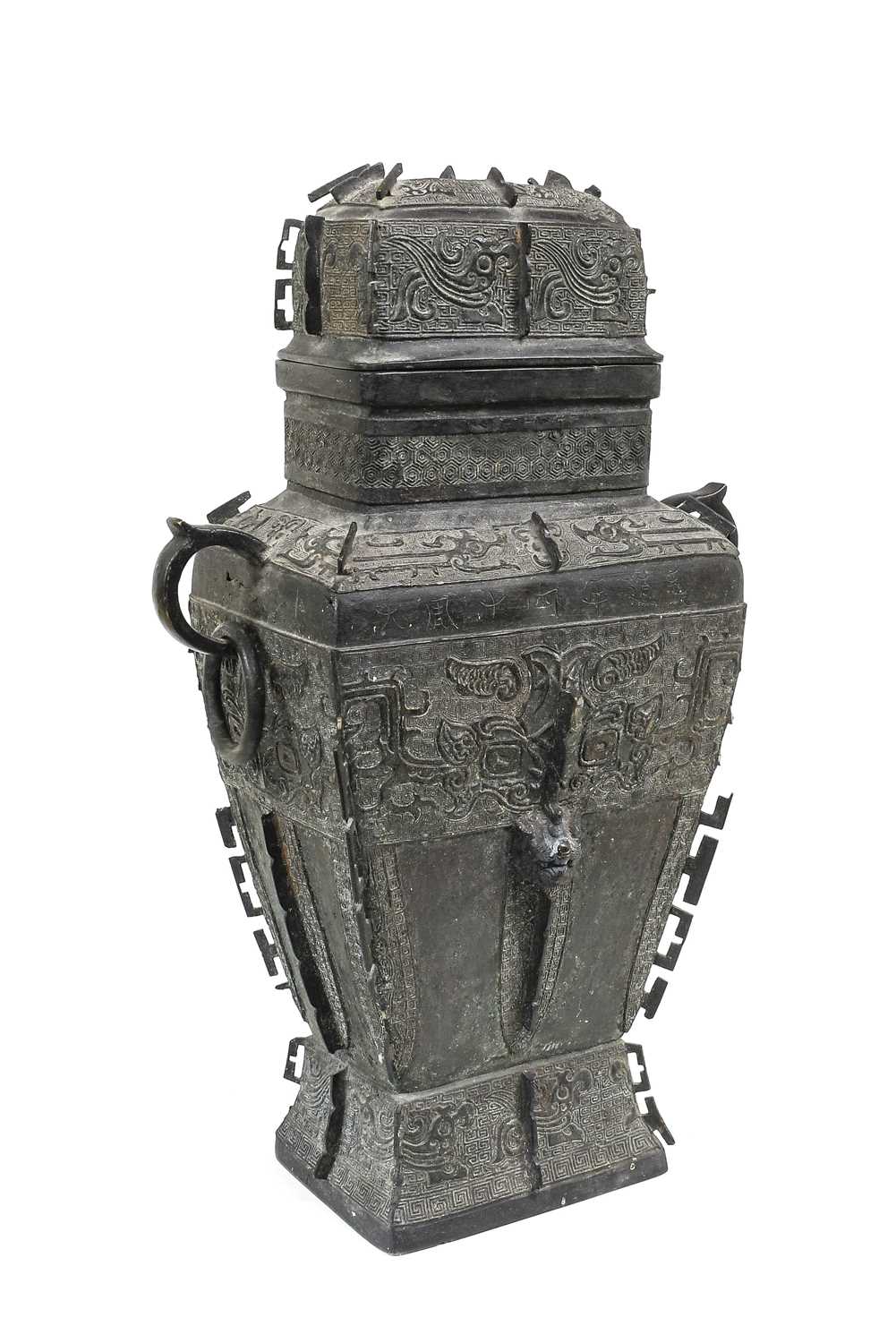 A Chinese Bronze Vase and Cover, in Archaic style, of square section baluster form with twin ring