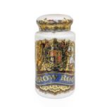 A Victorian Glass Pharmacy Shop Display Jar and Cover, of cylindrical form, with Royal Arms label
