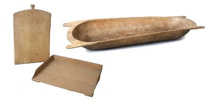 An Elm Dough Trough, 19th century, with lug handles 110cm long A Similar Bakers Tray 63cm wide A