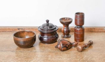 A Turned Treen Pounce Pot, 19th century, of bulbous pedestal form, with pierced dished top and on