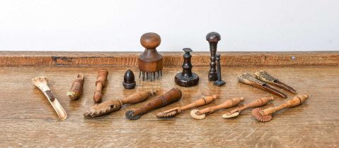 A Turned Treen Thimble Case, 19th century, of acorn form 4cm Six Pastry Jiggers largest 16cm long