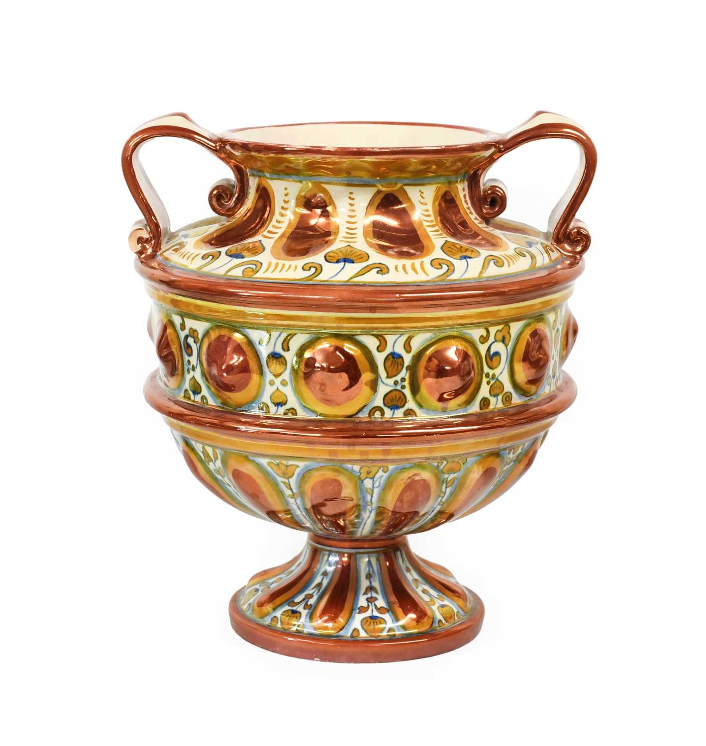 A Cantgalli Faience Vase, late 19th / early 20th century, of twin-handled pedestal form, painted