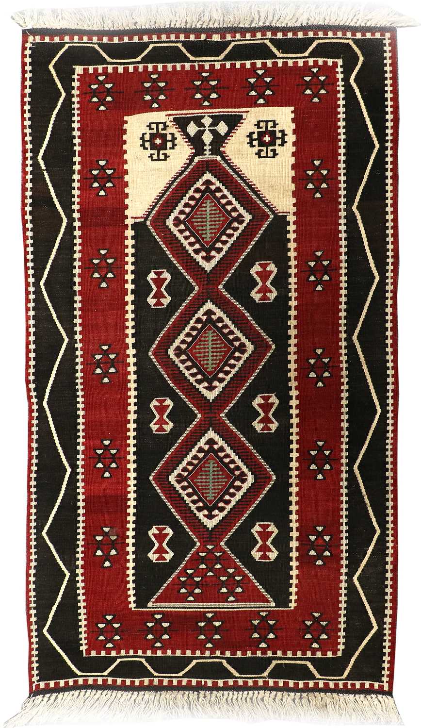 ~ Unusual Wool and Metal Thread Kilim Probably Thrace, circa 1960 The charcoal and ivory field