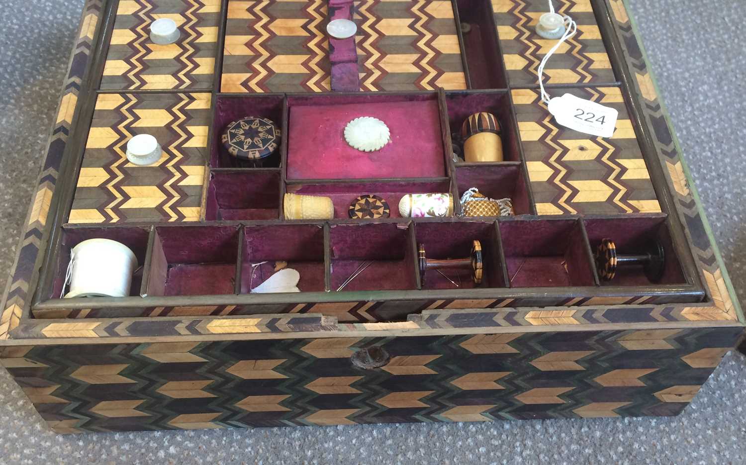 A Parquetry Sewing Box, early 19th century, allover decorated in stained and coloured woods with - Image 4 of 11