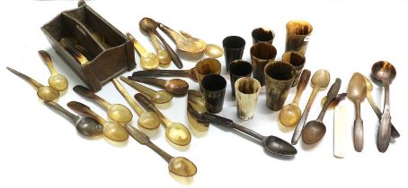 A Mahogany Two-Division Cutlery Tray, circa 1800 30cm Ten Horn Beakers Various Carved Horn Spoons