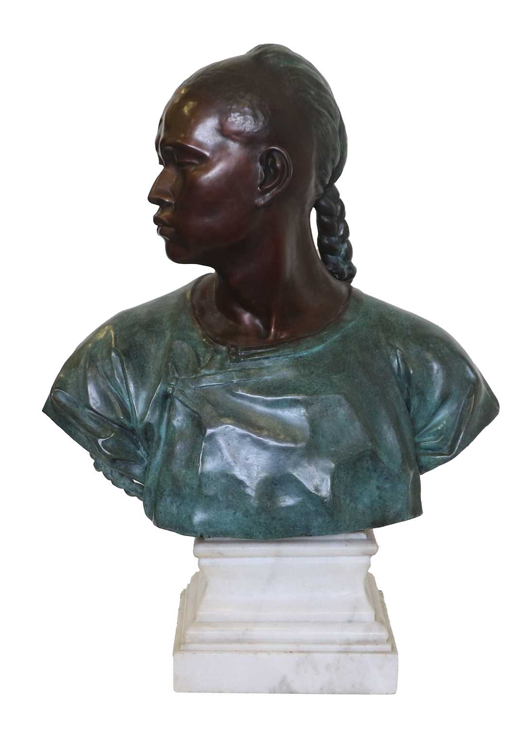 After Jean-Baptiste Carpeaux (1827-1875: A Bronze Bust of a Native, bears signature J C Carpeaux