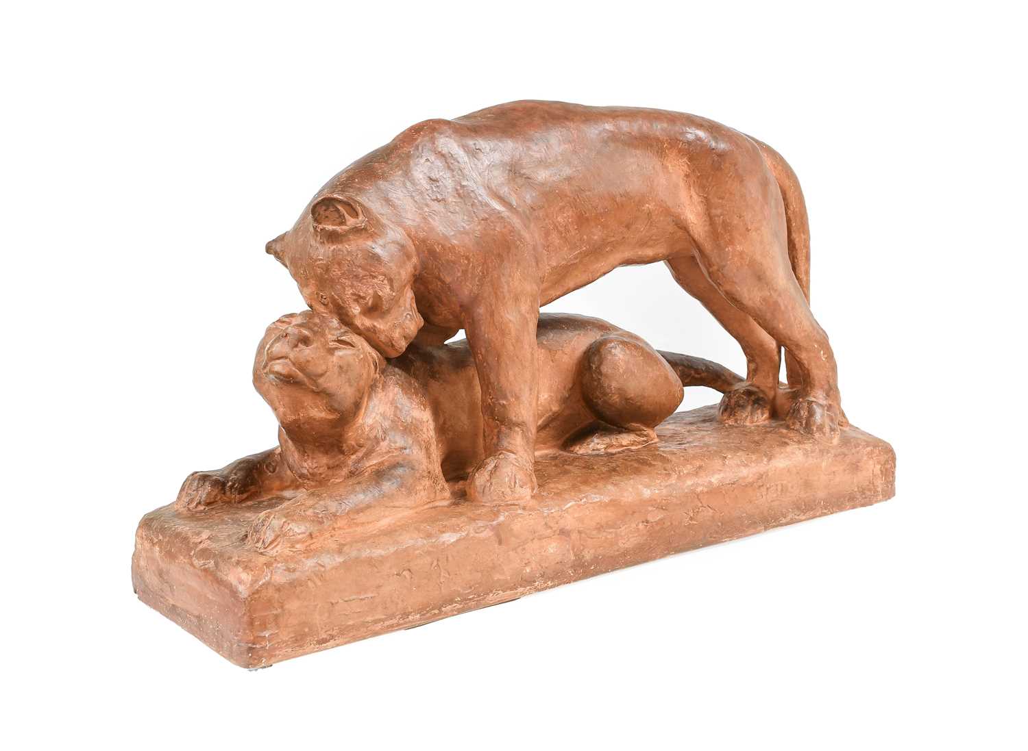 Gabriel Beauvais (French, 20th century): A Terracotta Group of Two Tigers, one standing over another