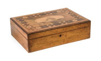 A Walnut, Marquetry and Parquetry Sewing Box, of rectangular form, the hinged cover depicting a
