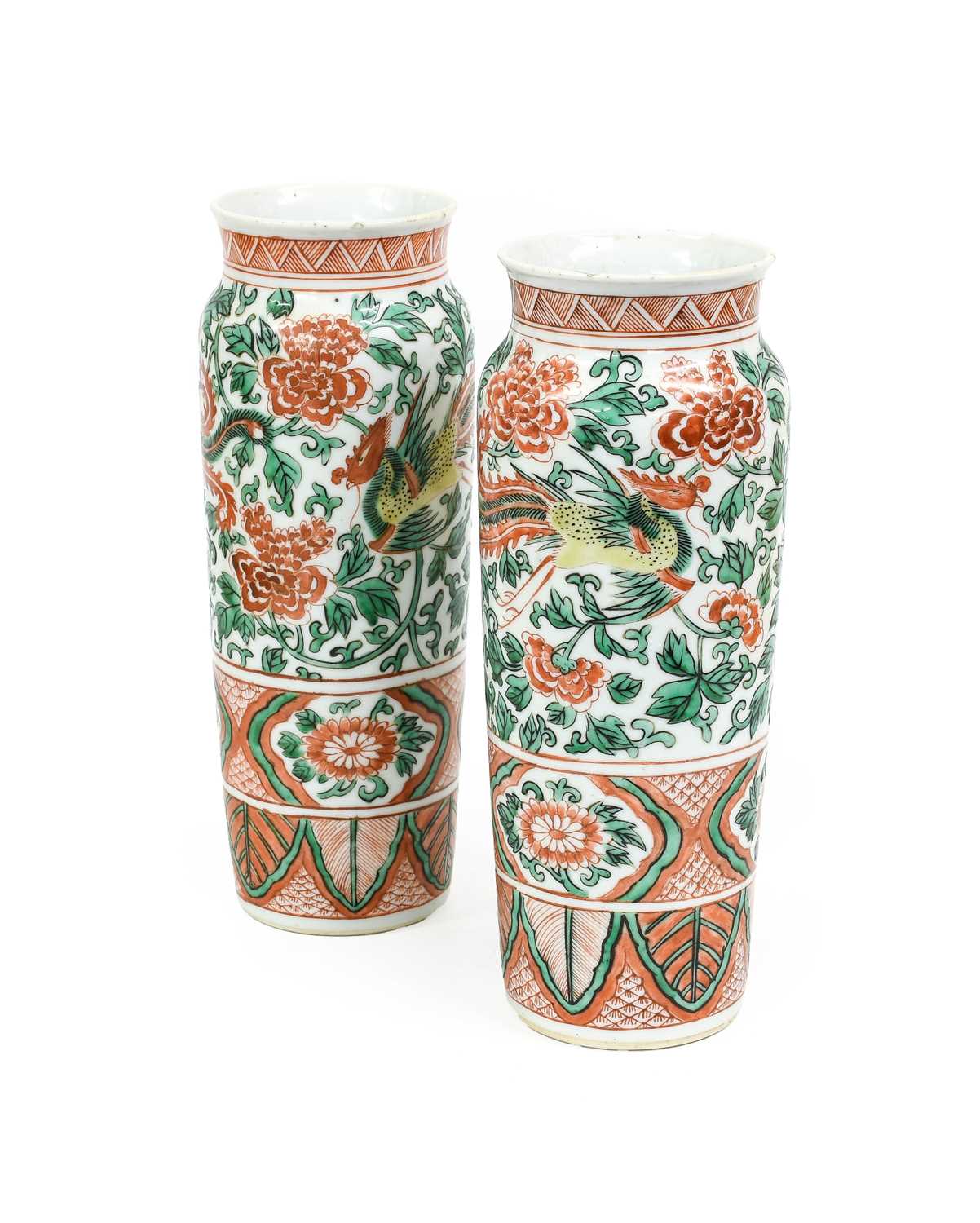 A Pair of Chinese Porcelain Sleeve Vases, in transitional style, painted in green, red and yellow