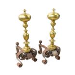 A Pair of Late 18th/Early 19th Century Brass and Iron Andirons, the knopped baluster turned stems