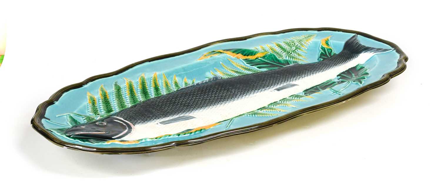 A Wedgwood Majolica Salmon Platter, circa 1880, modelled in bas-relief and picked out in coloured - Image 2 of 2