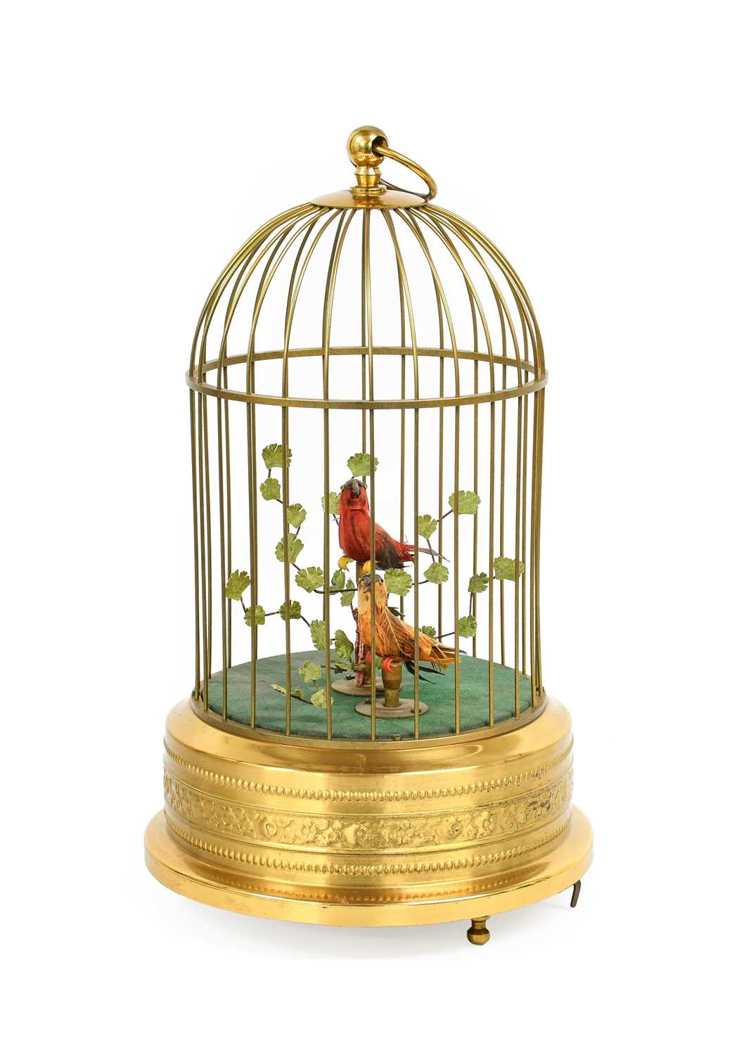 A Singing Bird Automata, 20th century, with two birds and a tree in a brass domed cage, on a drum
